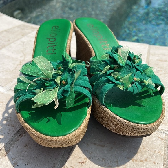 Green Slides Wedges Flower Ribbon Details Size 8 Platform Open Toe Elio Pitti - Picture 13 of 16